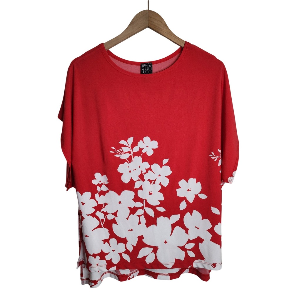 Clara Sunwoo Top Womens Small Red White Floral Print Short Sleeve Blouse USA